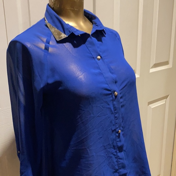 Royal blue sheer button up blouse - Picture 3 of 3